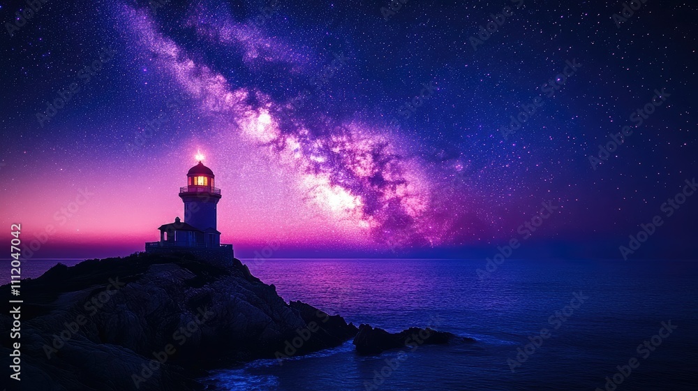 Lighthouse silhouetted against a vibrant Milky Way galaxy and tranquil ocean at night. Lighthouse silhouetted against a vibrant Milky Way galaxy and tranquil ocean at night.