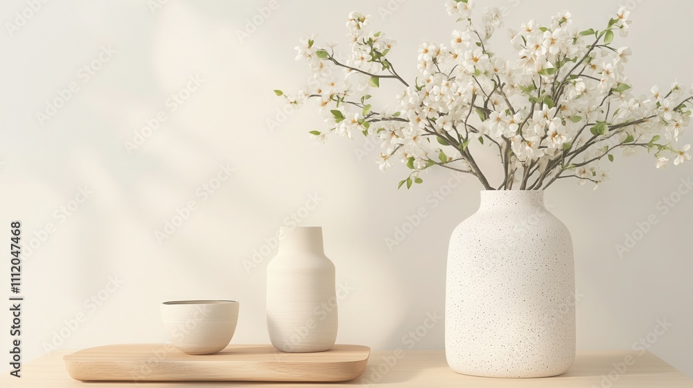 Minimalist Spring: Tranquil and serene, a white vase filled with delicate white blossoms brings a touch of nature's beauty to a minimalist interior. Minimalist Spring: Tranquil and serene, a white vase filled with delicate white blossoms brings a touch of nature's beauty to a minimalist interior.