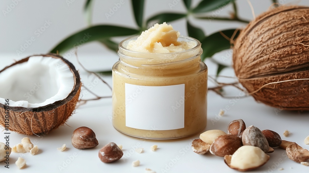 Coconut butter in jar with nuts and coconut shell Coconut butter in jar with nuts and coconut shell
