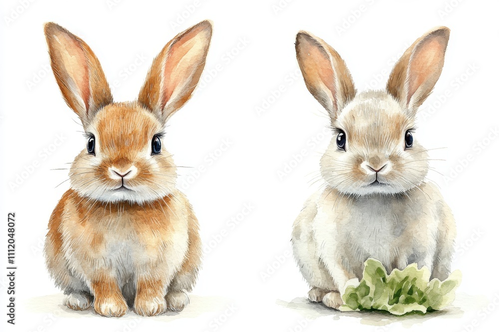Two adorable rabbits, one brown and one white, with a piece of lettuce. Two adorable rabbits, one brown and one white, with a piece of lettuce.