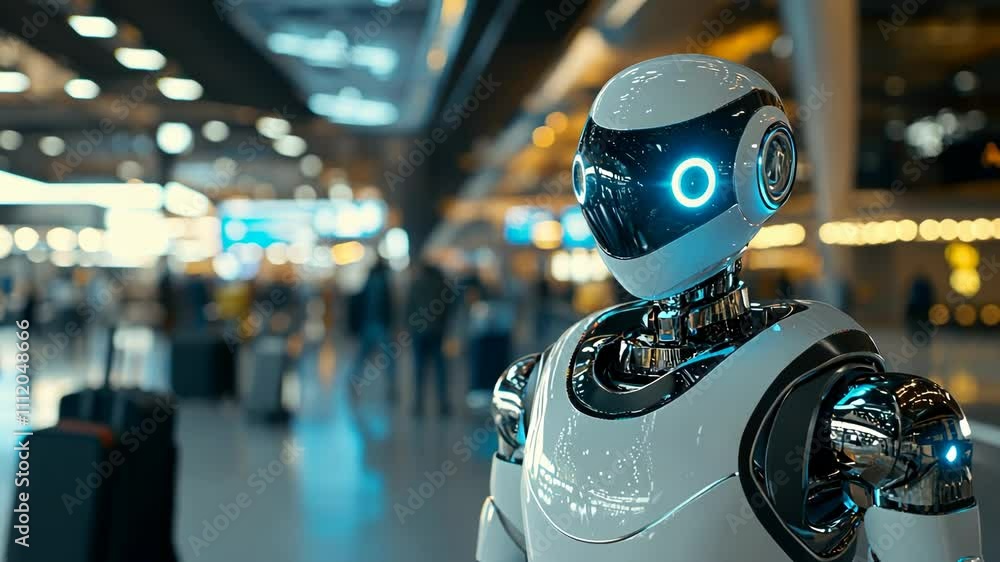 Advanced Humanoid Robot in Modern Airport Terminal Advanced Humanoid Robot in Modern Airport Terminal