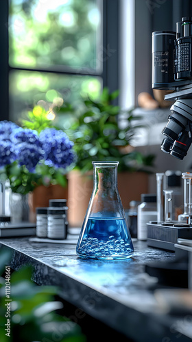 Lab Experiment: Blue Liquid Bubbles Scientific Research photo