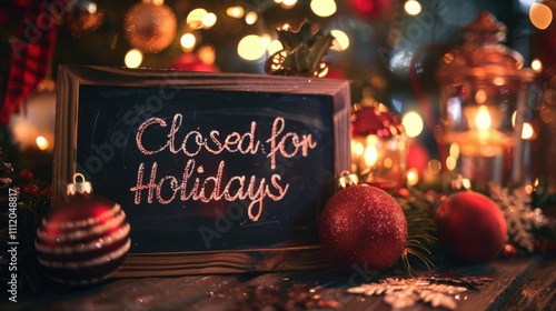 Festive Closed for Holidays chalkboard with ornaments and lights