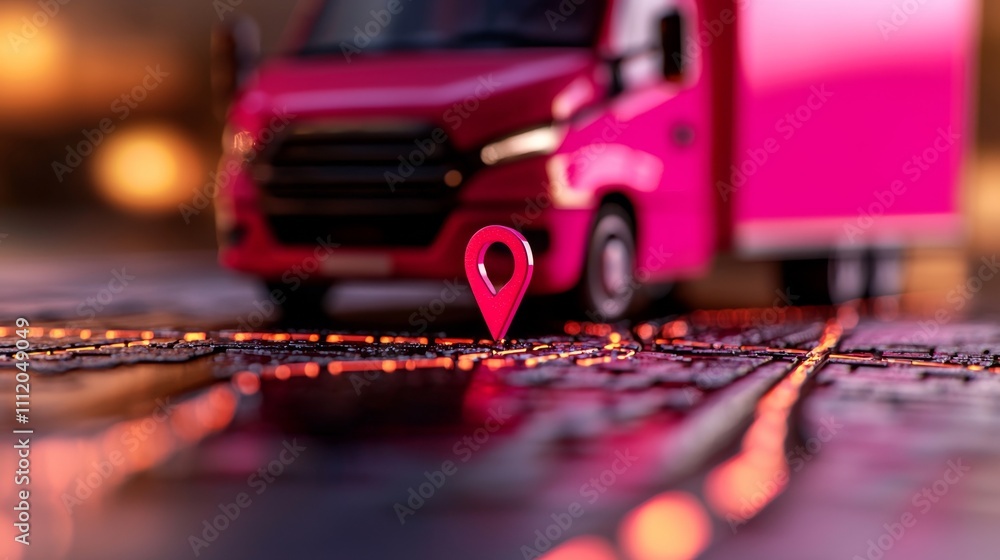A pink delivery truck is parked near a map marker, symbolizing location, navigation, and logistics in a vibrant urban environment. A pink delivery truck is parked near a map marker, symbolizing location, navigation, and logistics in a vibrant urban environment.