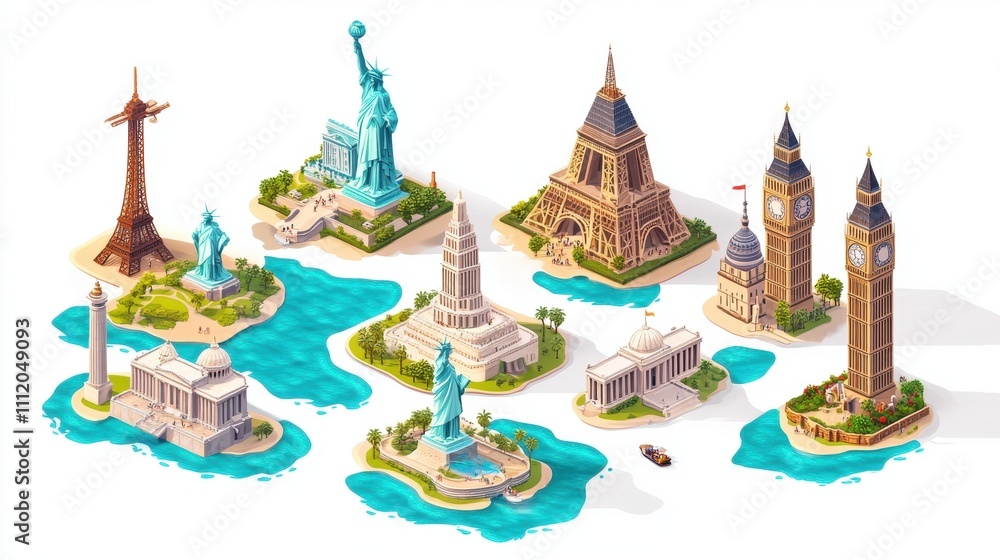 Obraz premium An enchanting illustration of famous global landmarks, featuring iconic structures from around the world.