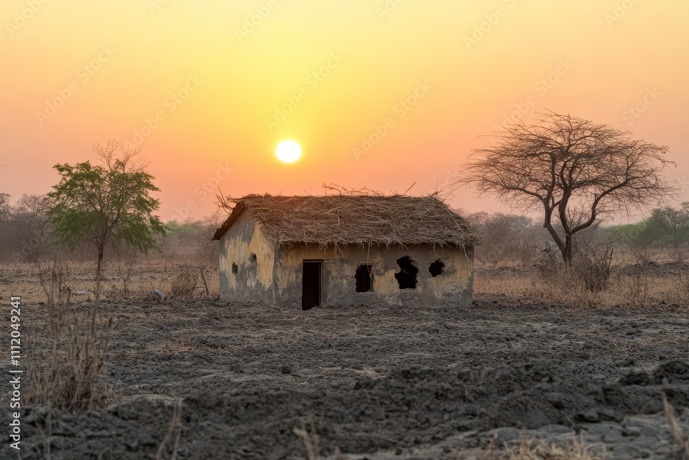Rustic Abandoned House at Sunset in Arid Landscape, Showcasing Nature's Beauty with Warm Orange and Yellow Sky, Evoking a Sense of Peace and Tranquility Rustic Abandoned House at Sunset in Arid Landscape, Showcasing Nature's Beauty with Warm Orange and Yellow Sky, Evoking a Sense of Peace and Tranquility