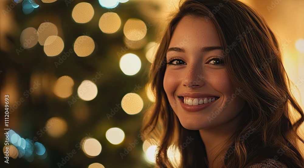 Radiant Beauty: Smiling Girl with Sparkling Eyes Amidst Magical Colorful Lights Radiant Beauty: Smiling Girl with Sparkling Eyes Amidst Magical Colorful Lights