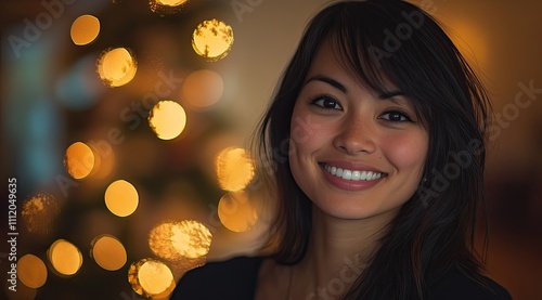 Radiant Beauty: Smiling Girl with Sparkling Eyes Amidst Magical Colorful Lights