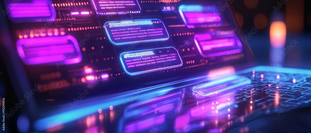 A futuristic laptop displays vibrant neon graphics and glowing keys, reflecting a high-tech digital environment. A futuristic laptop displays vibrant neon graphics and glowing keys, reflecting a high-tech digital environment.