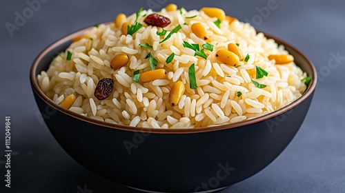 A bowl of soft and fluffy Armenian rice pilaf, studded with toasted pine nuts and raisins.