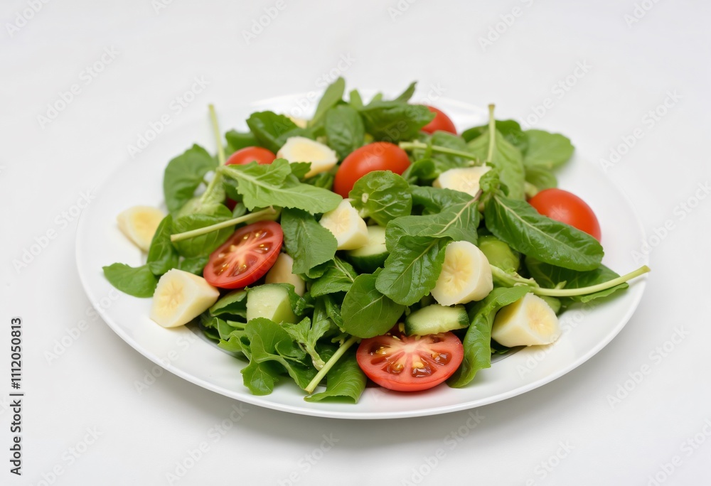 Fresh salad with leafy greens, tomatoes, and cucumbers on white table Fresh salad with leafy greens, tomatoes, and cucumbers on white table