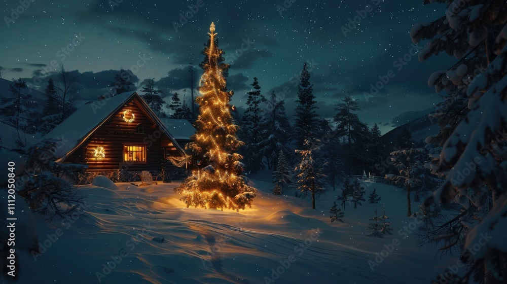 Fototapeta premium Snowy Christmas tree scene with cozy cabin in forest