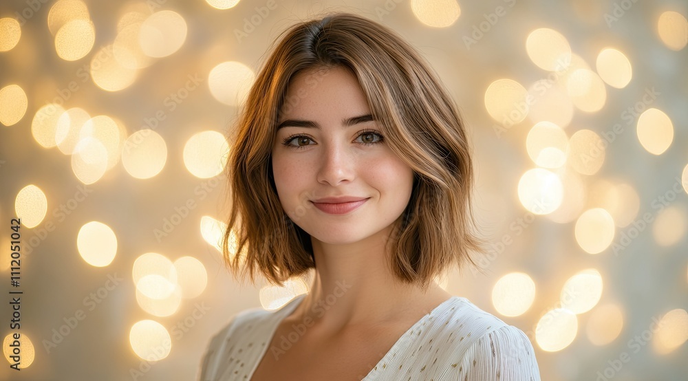 Radiant Beauty: Smiling Girl with Sparkling Eyes Amidst Magical Colorful Lights Radiant Beauty: Smiling Girl with Sparkling Eyes Amidst Magical Colorful Lights
