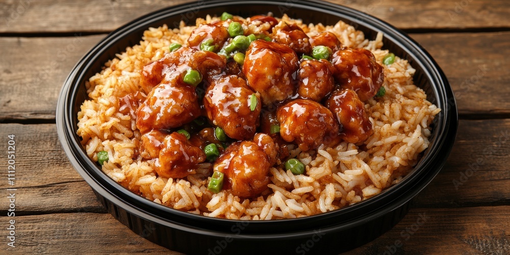 Chinese Take Out: General Tso's Chicken and Fried Rice in Styrofoam Container on Wooden Tabletop Chinese Take Out: General Tso's Chicken and Fried Rice in Styrofoam Container on Wooden Tabletop