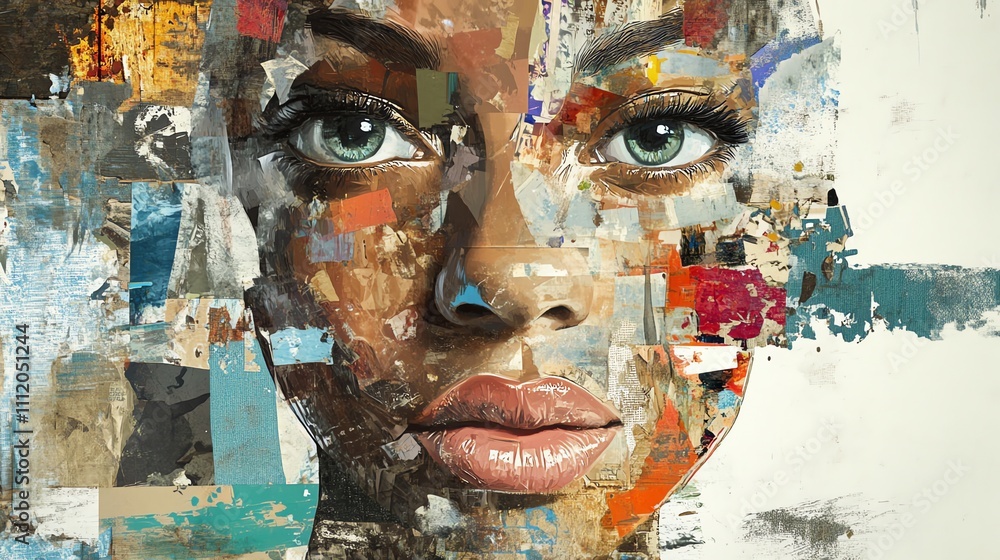 A woman's face is shown in a collage of different textures and colors. A woman's face is shown in a collage of different textures and colors.
