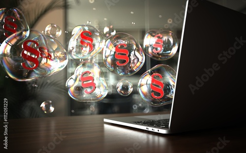 3D illustration. Floating iridescent bubbles with legal symbols near a laptop in a contemporary workspace. photo