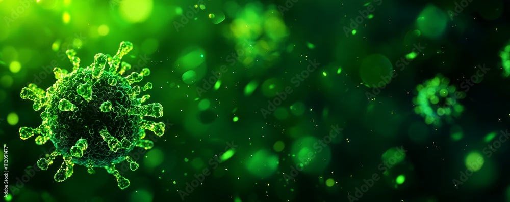 A vibrant, microscopic view of a virus, showcasing intricate details against a green background, highlighting the complexity of microorganisms. A vibrant, microscopic view of a virus, showcasing intricate details against a green background, highlighting the complexity of microorganisms.