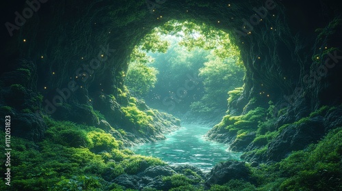 A serene cave entrance with lush greenery and a glowing river, inviting exploration.