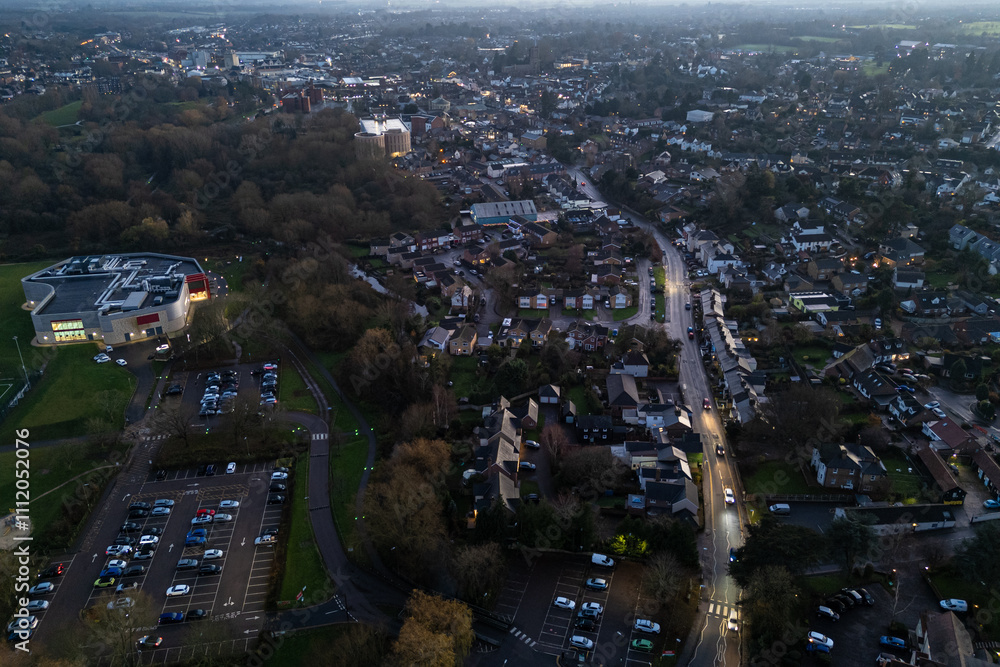 Obraz premium Aerial drone night scape of Bishops Stortford in England