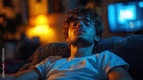 Young man relaxing on sofa in dimly lit room, warm ambient lighting, cozy night, peaceful solitude, casual home lifestyle, relaxation, comfort, introspection, night mood.