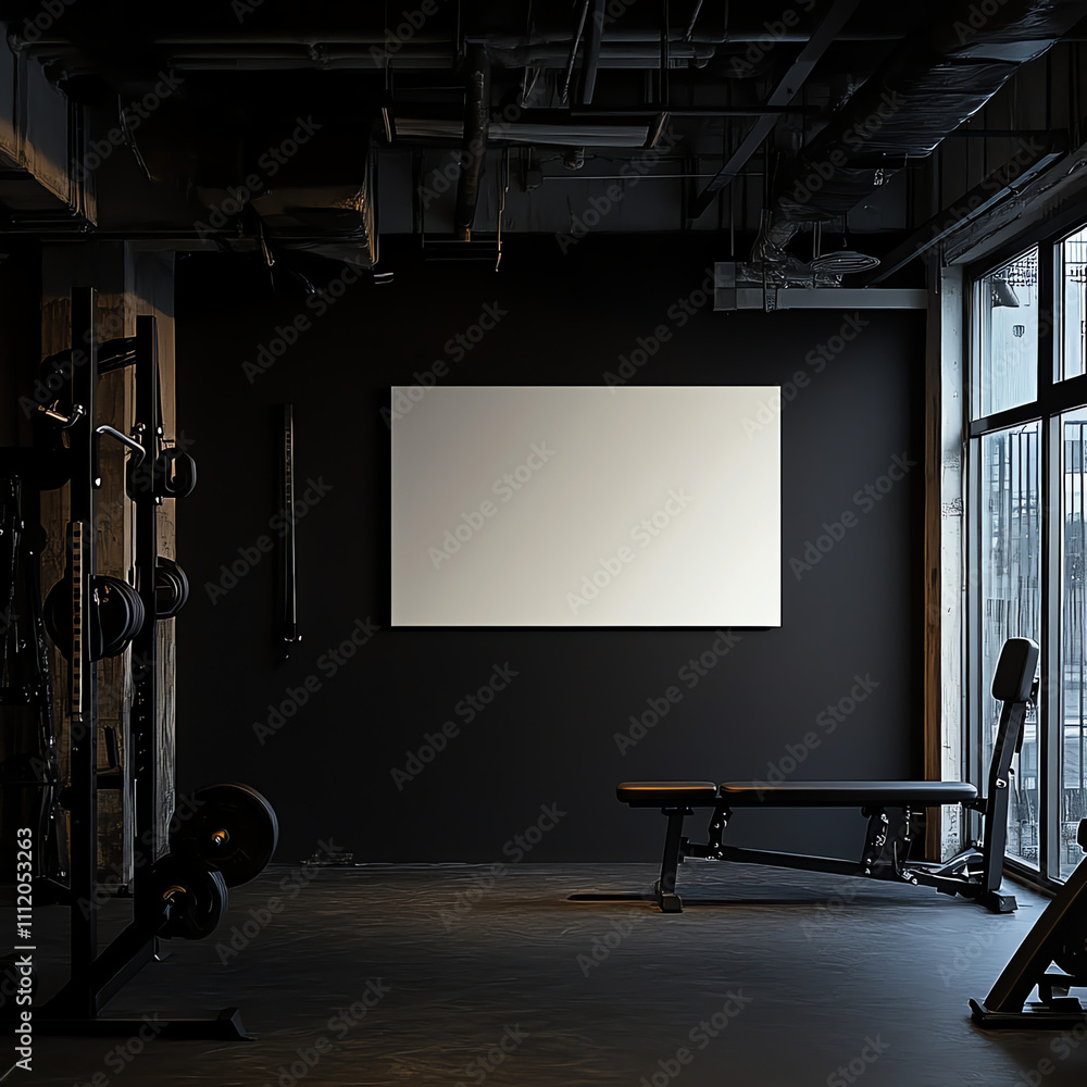 gymroom, workout with frame on dark wall gymroom, workout with frame on dark wall