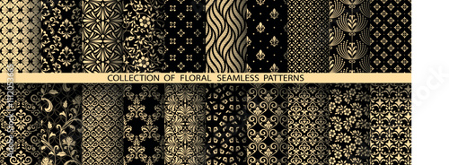 Geometric floral set of seamless patterns. Golden and black vector backgrounds. Damask graphic ornaments.