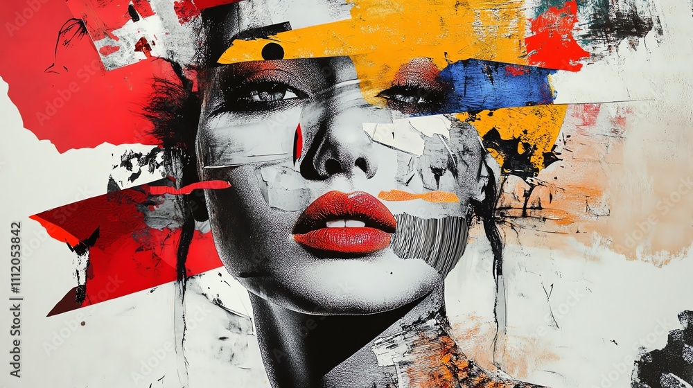 An abstract portrait of a woman with bold colors and shapes, created using layers of textures. An abstract portrait of a woman with bold colors and shapes, created using layers of textures.