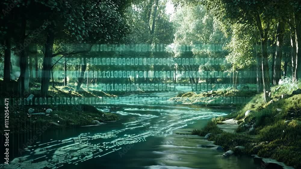 Digital Forest Stream: Binary Code Flows Through Nature in a Surreal Deepmind AI Visualization