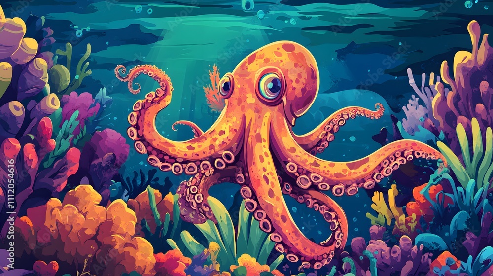 Fototapeta premium Octopus and beautiful underwater scenery, Underwater Scene with Incredible Commotion of an Octopus