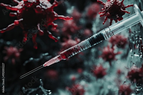 Close-up of a syringe surrounded by colorful virus particles, symbolizing vaccination and pandemic prevention. AI generated image photo