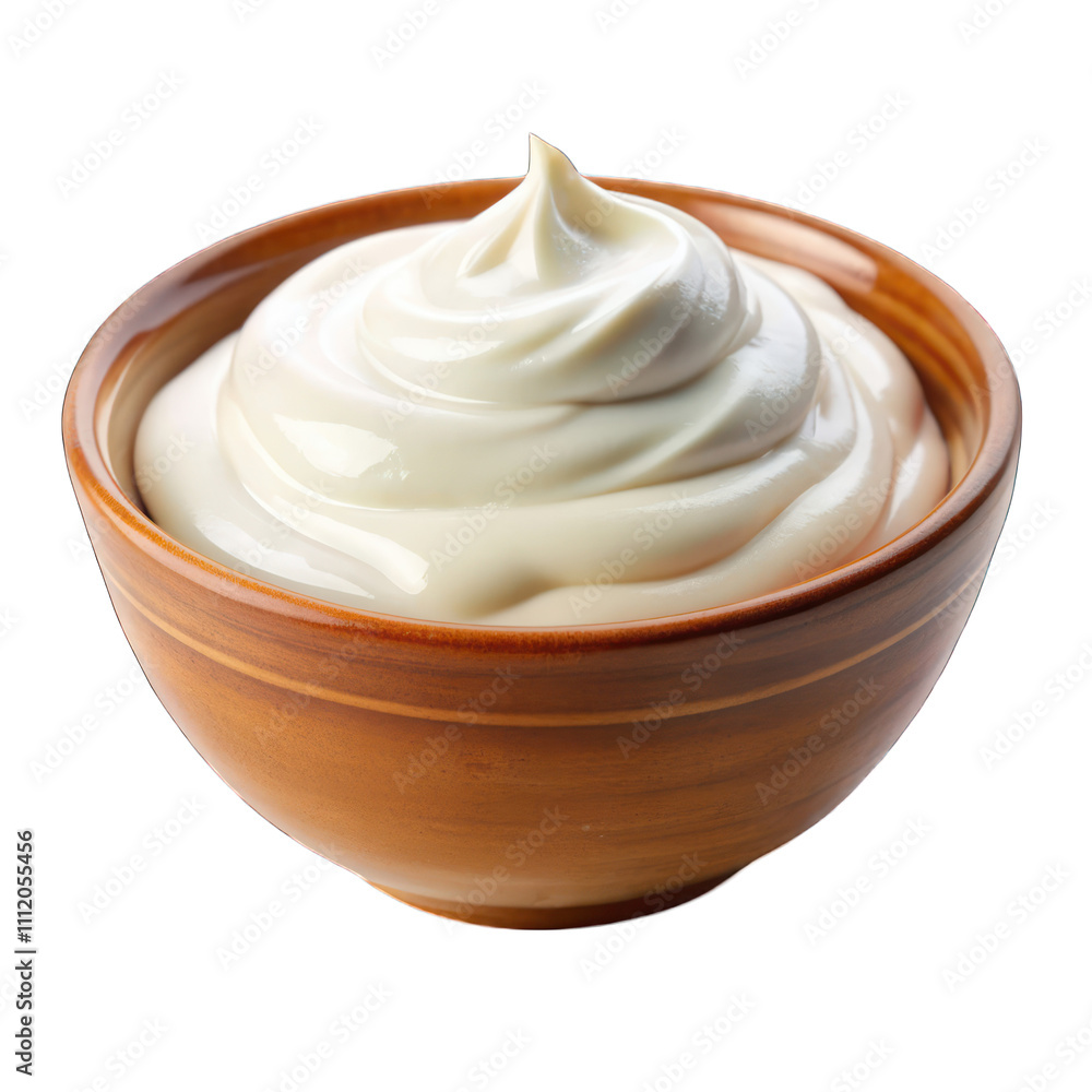 Sour cream or yogurt in wooden bowl isolated on transparent background Sour cream or yogurt in wooden bowl isolated on transparent background