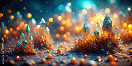 Glimmering crystals rise from a textured surface, radiating colorful reflections and soft light in a magical atmosphere. The scene evokes a sense of wonder and beauty