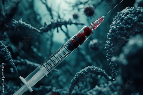 Close-up of a syringe surrounded by colorful virus particles, symbolizing vaccination and pandemic prevention. AI generated image photo