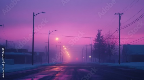 Foggy street, purple twilight, snow, streetlights.