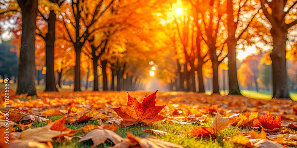 A peaceful park pathway is adorned with brilliant autumn foliage, featuring trees on both sides and a carpet of fallen leaves. Soft sunlight filters through the branches, creating a warm ambiance A peaceful park pathway is adorned with brilliant autumn foliage, featuring trees on both sides and a carpet of fallen leaves. Soft sunlight filters through the branches, creating a warm ambiance