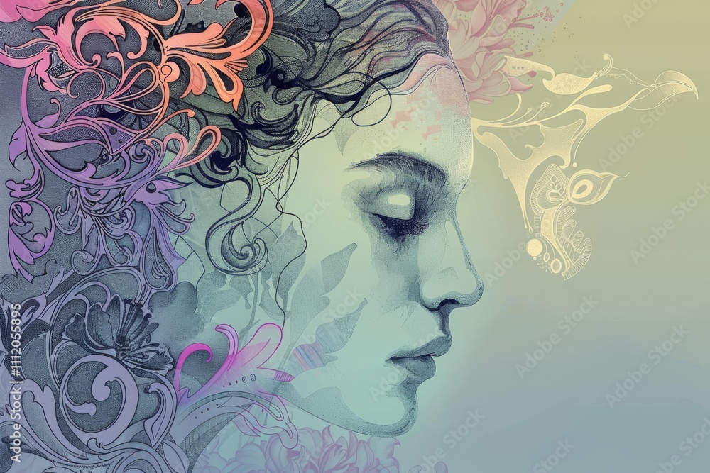 A detailed and artistic depiction of a woman's face entwined with floral and abstract patterns, suggesting tranquility and contemplation in pastels. A detailed and artistic depiction of a woman's face entwined with floral and abstract patterns, suggesting tranquility and contemplation in pastels.
