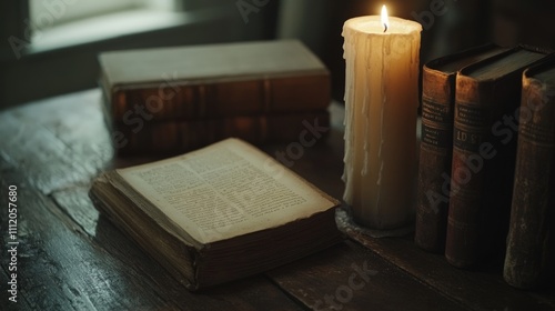 Wallpaper Mural Ancient books, lit candle, wooden table, dim light. Torontodigital.ca