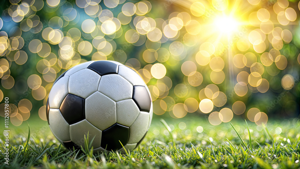 Fototapeta premium A black and white soccer ball is placed on lush green grass, illuminated by warm sunlight. The background is filled with a soft bokeh effect, creating a serene and vibrant atmosphere