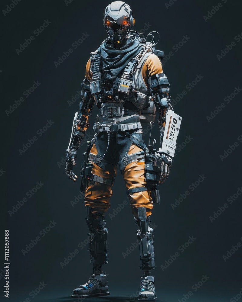Fototapeta premium A futuristic humanoid robot in a tactical outfit, ready for action.
