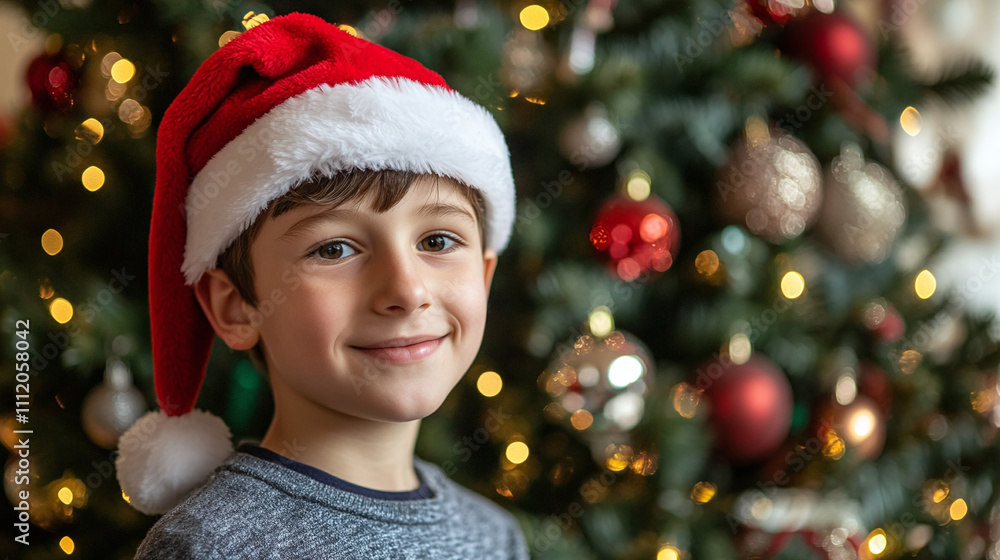 Happy boy in santa hat near decorated Christmas tree in house Happy boy in santa hat near decorated Christmas tree in house