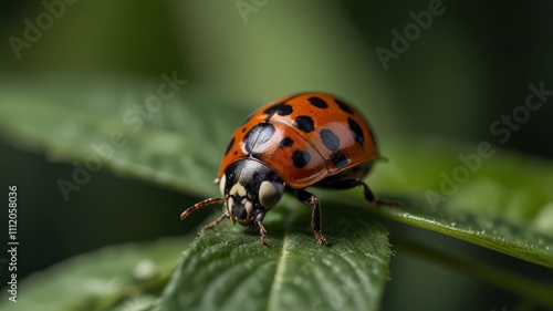 Natural closeup on the invasive harlequin, multicoloured or Asian lady beetle, Harmonia axiridis sitting on a green leaf photo