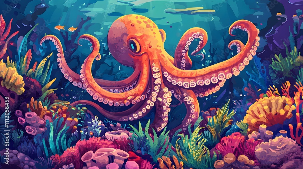 Obraz premium Octopus and beautiful underwater scenery, Underwater Scene with Incredible Commotion of an Octopus