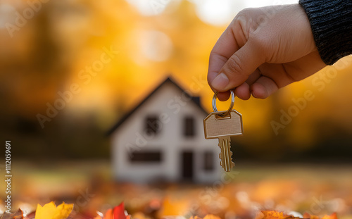 Hand holding a key in front of a beautiful autumn house, perfect for real estate and homeownership visuals photo