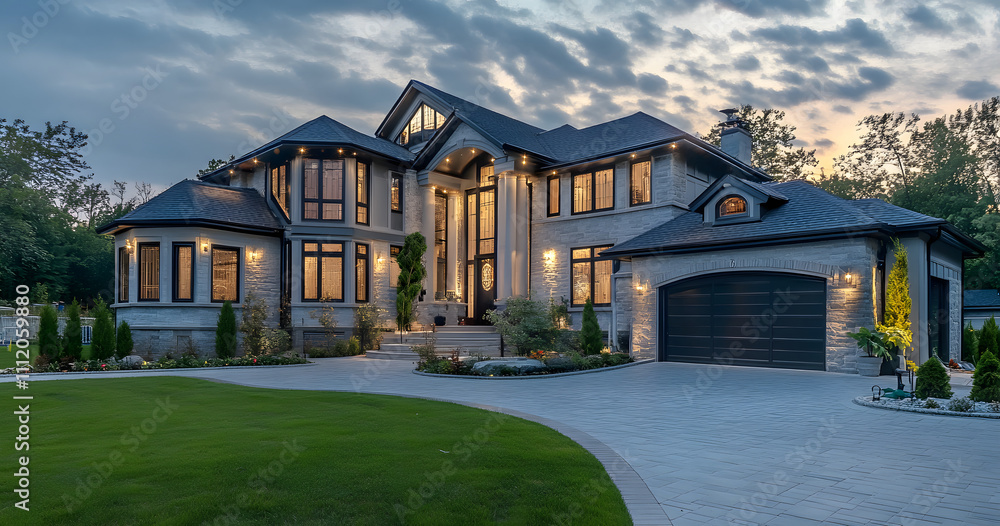 Stunning Modern Luxury Home with Beautiful Landscape at Dusk Stunning Modern Luxury Home with Beautiful Landscape at Dusk