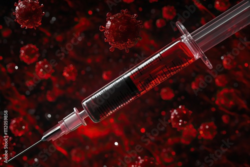 A 3D rendering of a syringe interacting with viruses, highlighting immunization and vaccine. AI generated image photo