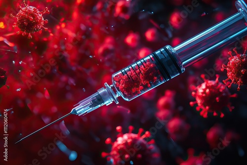 A 3D rendering of a syringe interacting with viruses, highlighting immunization and vaccine. AI generated image photo