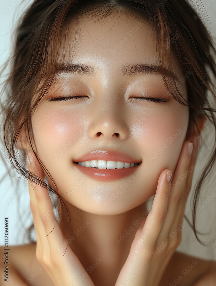 Korean woman applying face serum with a radiant smile in a bright, natural setting Korean woman applying face serum with a radiant smile in a bright, natural setting