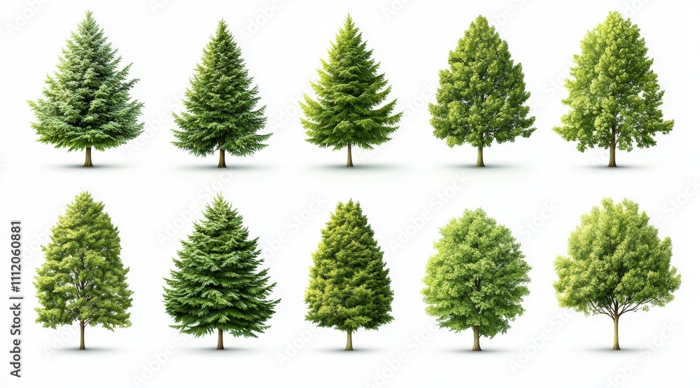 Collection of ten diverse trees isolated on white background, ideal for landscaping, design, and environmental projects. Perfect for compositing. Collection of ten diverse trees isolated on white background, ideal for landscaping, design, and environmental projects. Perfect for compositing.