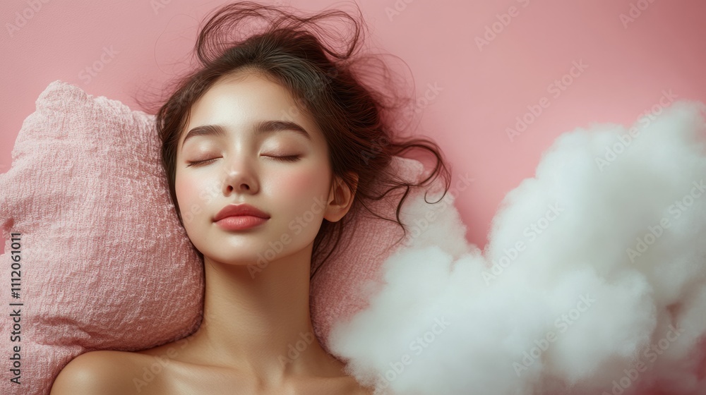 Serene woman with closed eyes surrounded by soft clouds, pink background, dreamy relaxation, peaceful expression, ethereal beauty, calm atmosphere, and soothing mood. Serene woman with closed eyes surrounded by soft clouds, pink background, dreamy relaxation, peaceful expression, ethereal beauty, calm atmosphere, and soothing mood.
