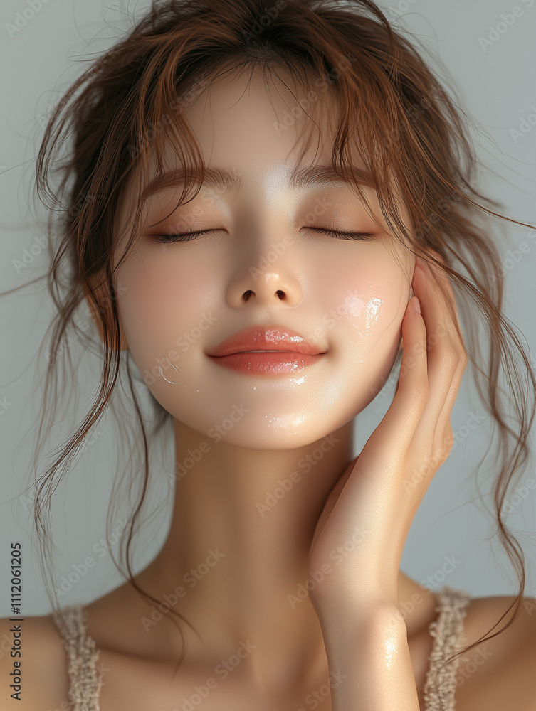 Skincare routine featuring a glowing face serum on a woman with natural beauty Skincare routine featuring a glowing face serum on a woman with natural beauty